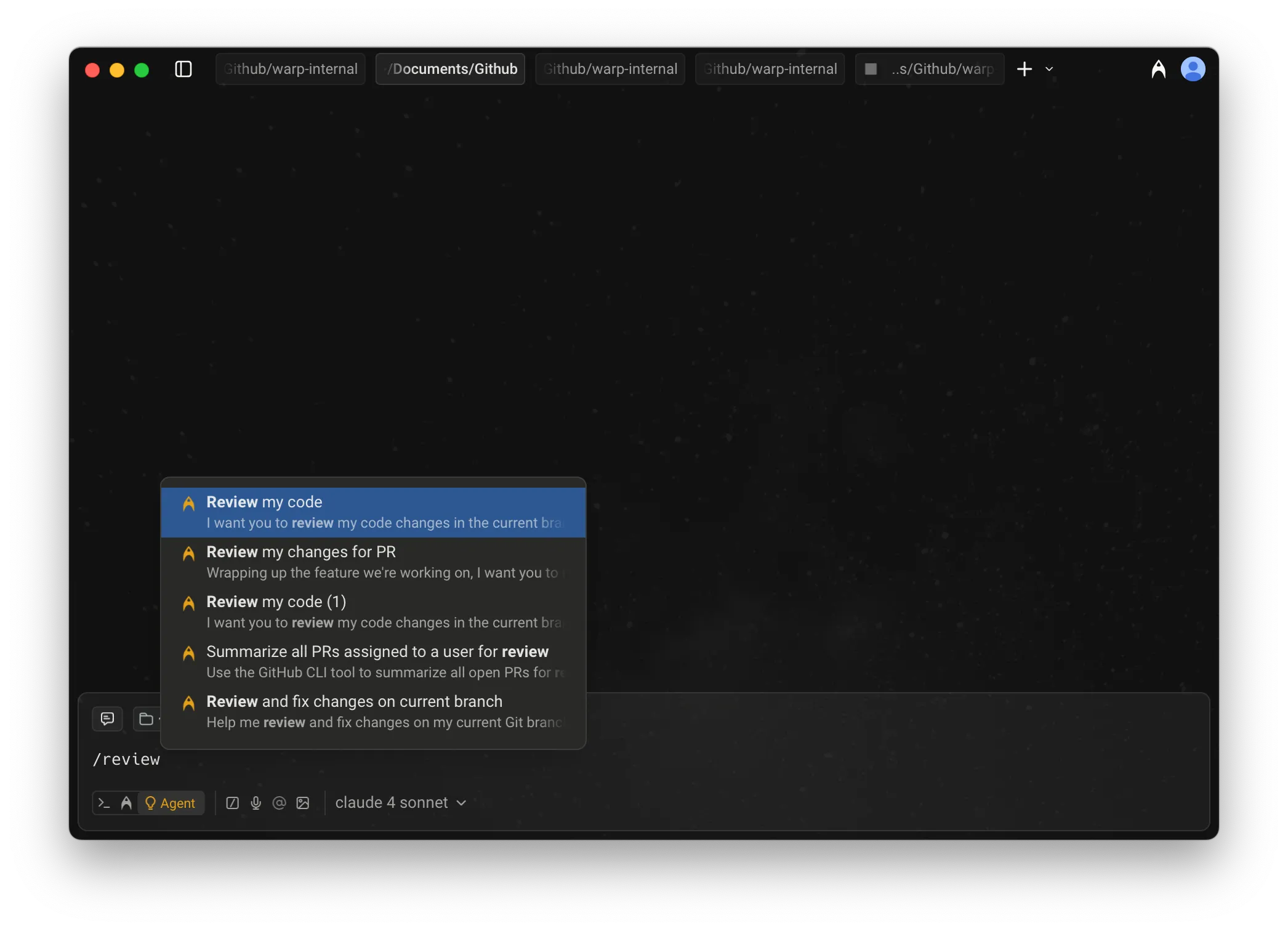 Slash Commands menu with filtered Agent Prompts